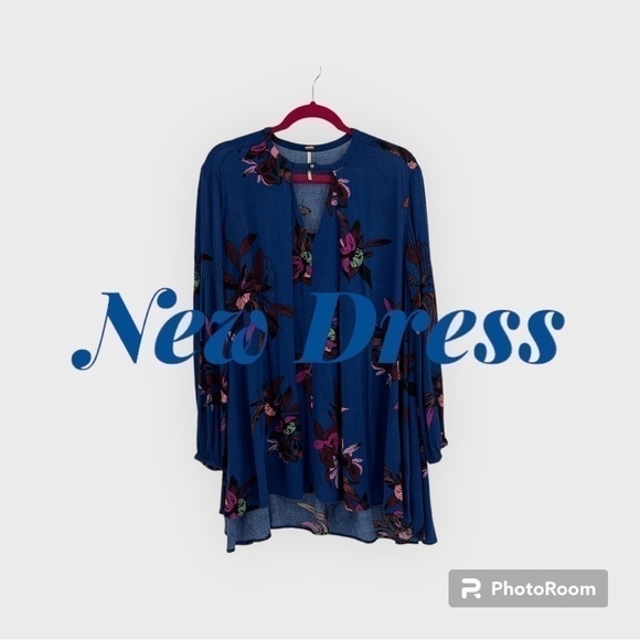 FREE PEOPLE S Tree Swing Tunic Top Mini Dress Blue Floral Cutout Flowy Boho XS - Picture 6 of 16